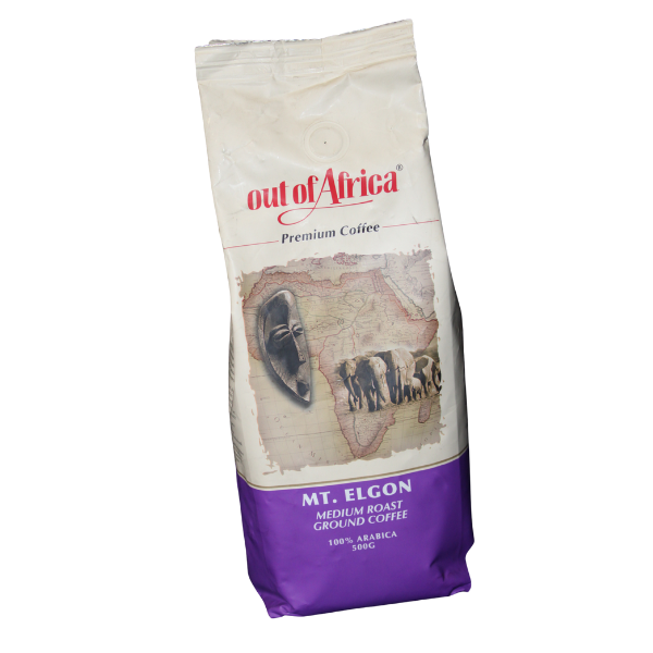 Full package view of Out of Africa Mt. Elgon Medium Roast Ground Coffee showing premium Kenyan coffee packaging