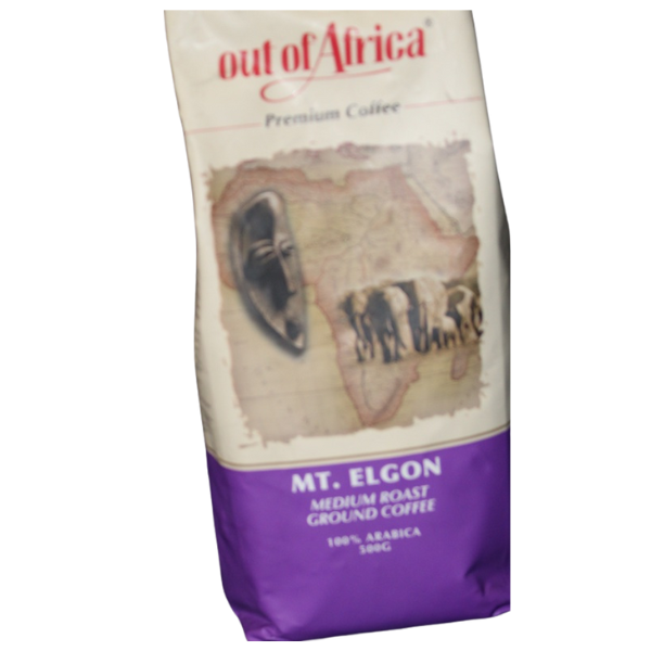 Front display of Out of Africa Mt. Elgon Medium Roast Ground Coffee highlighting Arabica coffee sourced from Kenyan highland regions