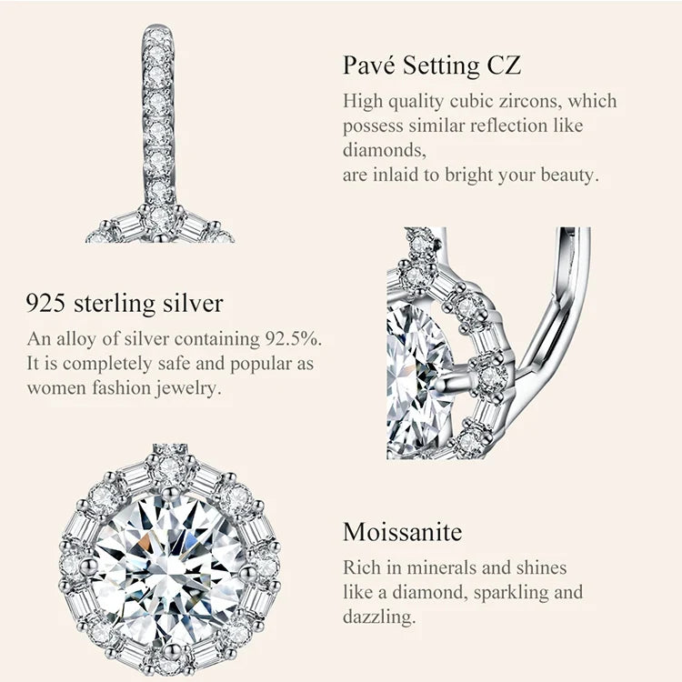 Round Halo Moissanite Leverback Earrings in Silver