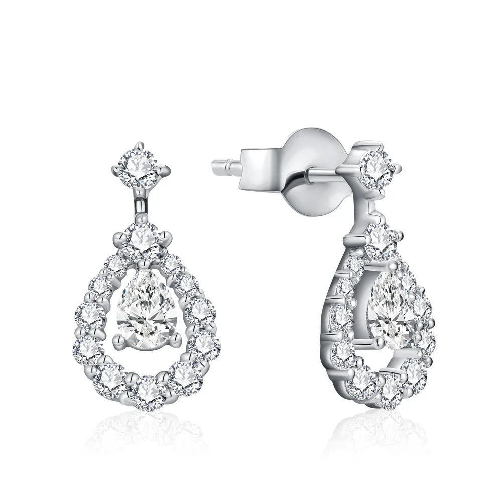Pear Moissanite Halo Drop Earrings in Sterling Silver
