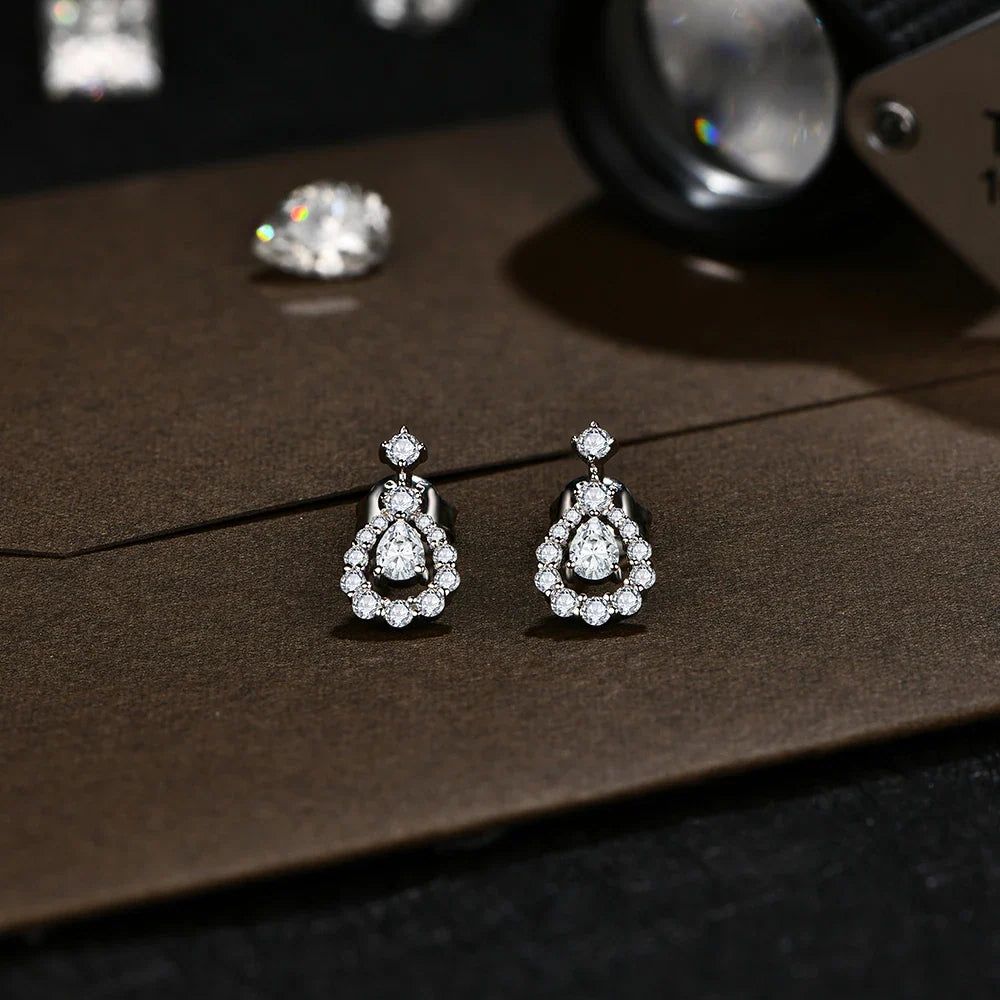 Pear Moissanite Halo Drop Earrings in Sterling Silver