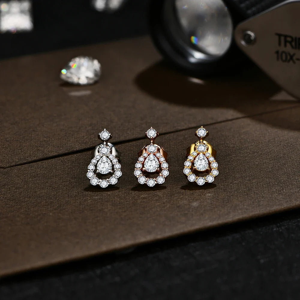 Pear Moissanite Halo Drop Earrings in Sterling Silver