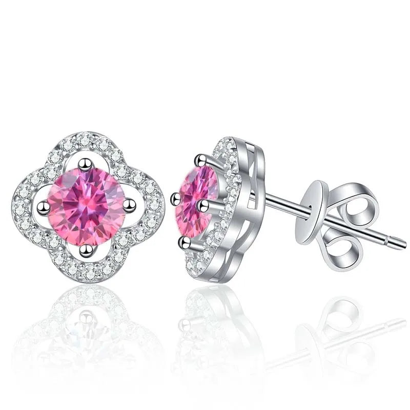 Colored Clover Halo Moissanite Stud Earrings in Sterling Silver