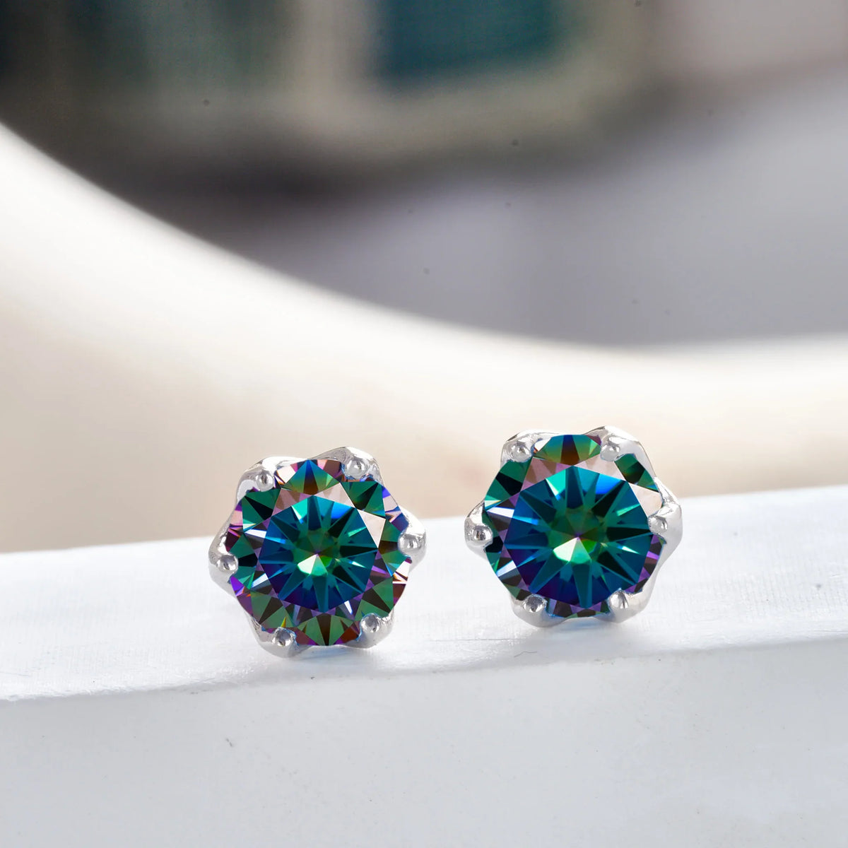 Colored Crown-Basket Moissanite Stud Earrings in Sterling Silver