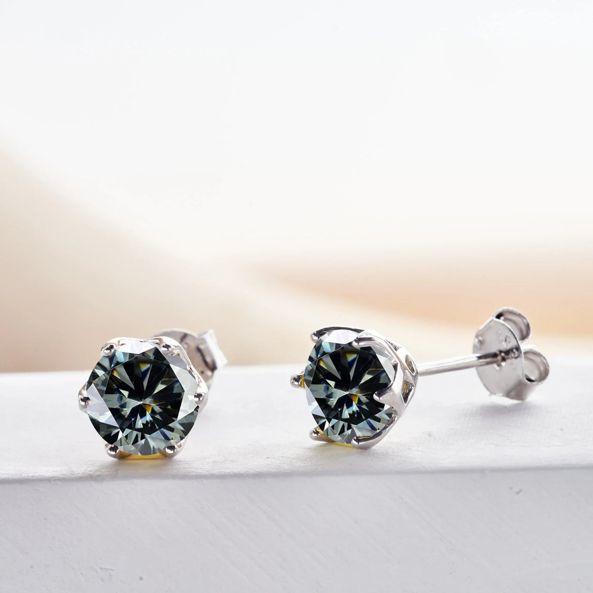 Colored Crown-Basket Moissanite Stud Earrings in Sterling Silver