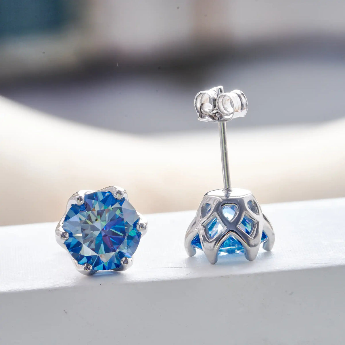 Colored Crown-Basket Moissanite Stud Earrings in Sterling Silver