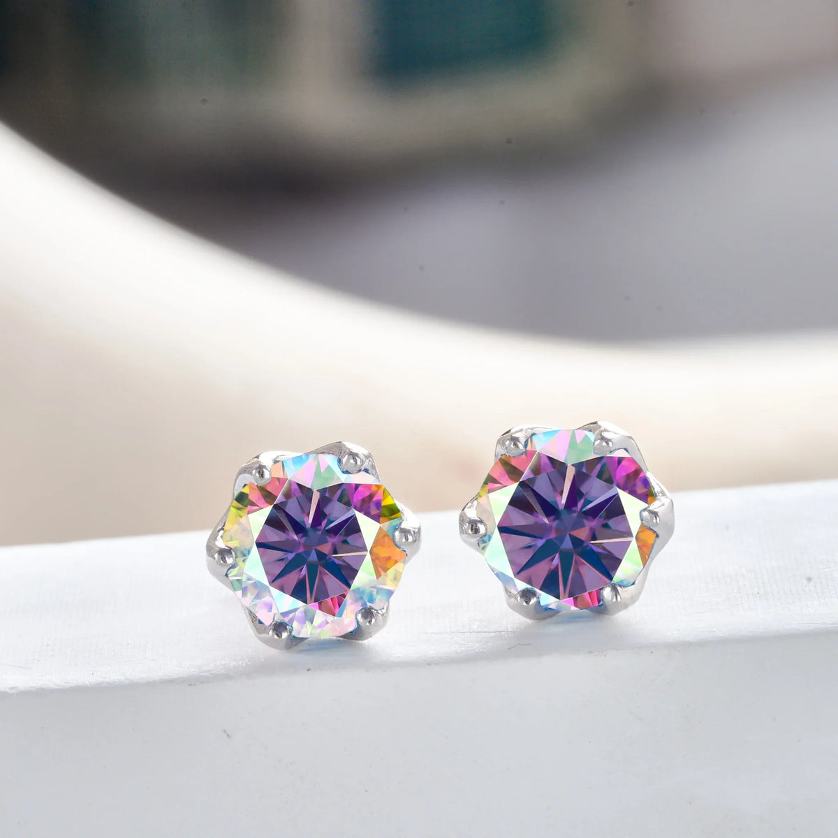 Colored Crown-Basket Moissanite Stud Earrings in Sterling Silver