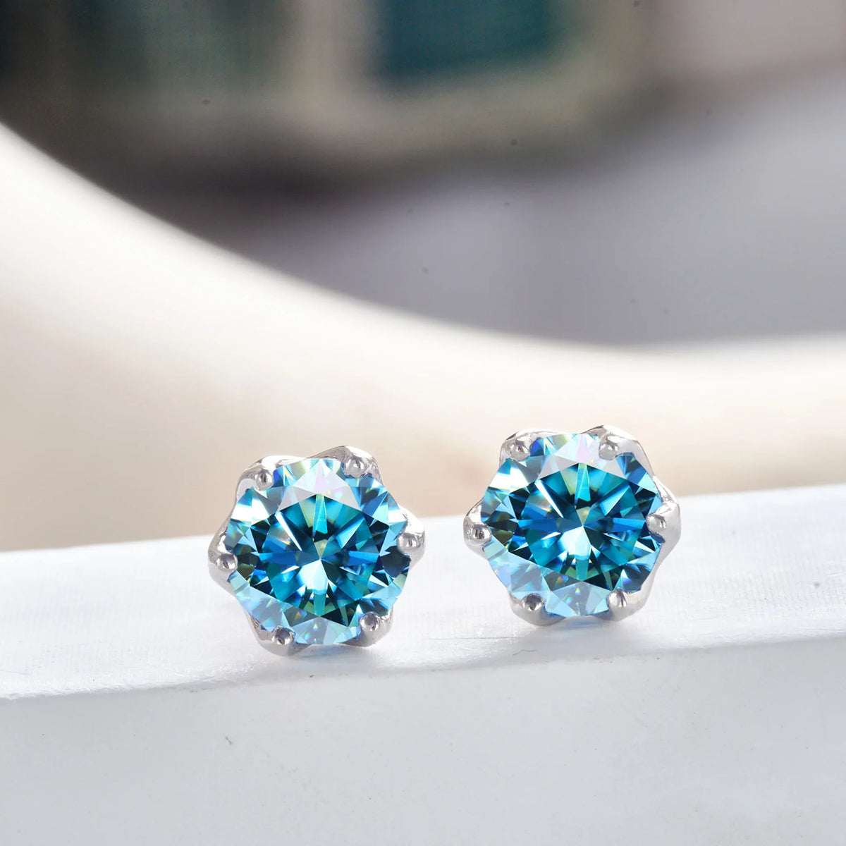 Colored Crown-Basket Moissanite Stud Earrings in Sterling Silver