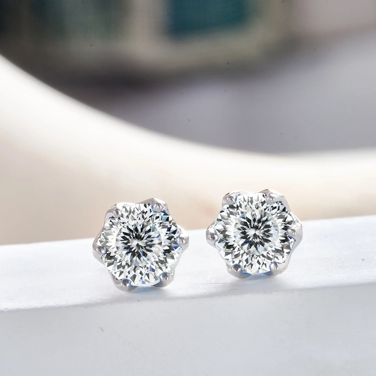 Colored Crown-Basket Moissanite Stud Earrings in Sterling Silver