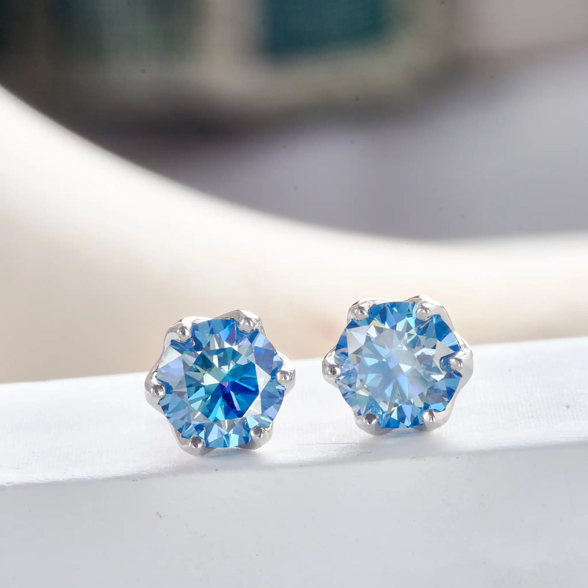 Colored Crown-Basket Moissanite Stud Earrings in Sterling Silver