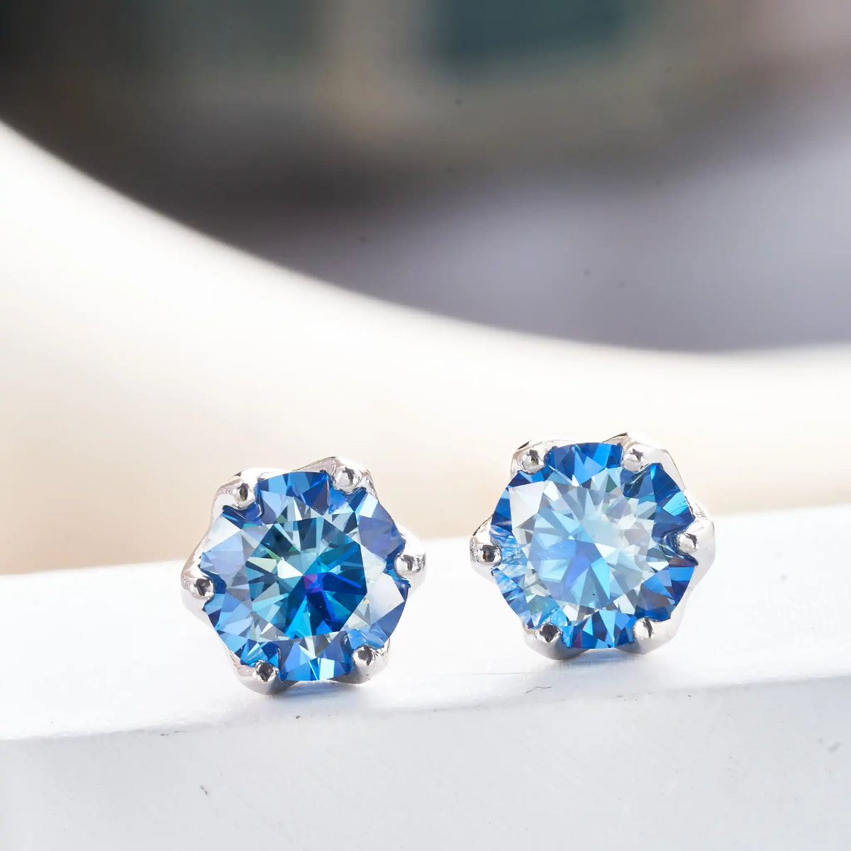 Colored Crown-Basket Moissanite Stud Earrings in Sterling Silver