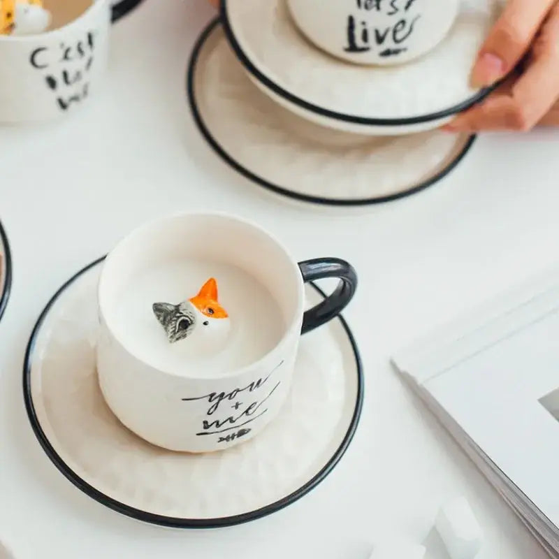 Playful white & black cat claw ceramic cup kitchen mug with figurine