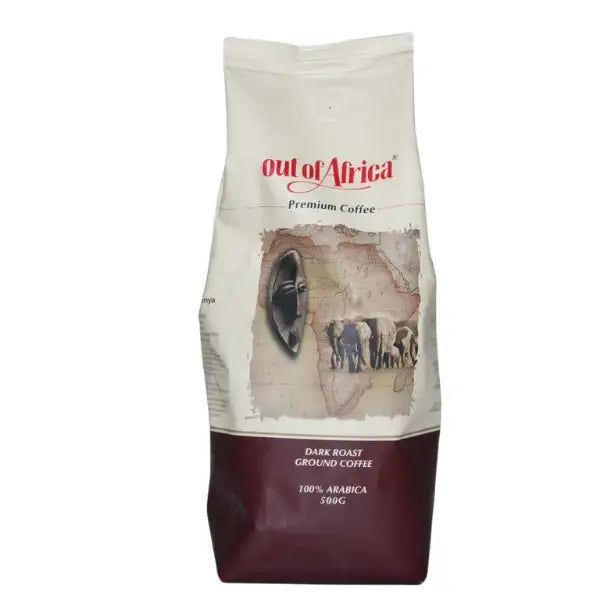 Bold strong ground coffee in a dark roast from Out of Africa, a pre-ground 250g coffee with pronounced aroma and robust character for morning or office coffee. Mt. Kenya Dark Roast Ground Coffee- 250g - World Safari Shops. Pre-ground dark roast coffee 250g from Out of Africa Mt. Kenya, convenient ready-to-brew coffee for home and office use without needing to grind whole coffee beans.