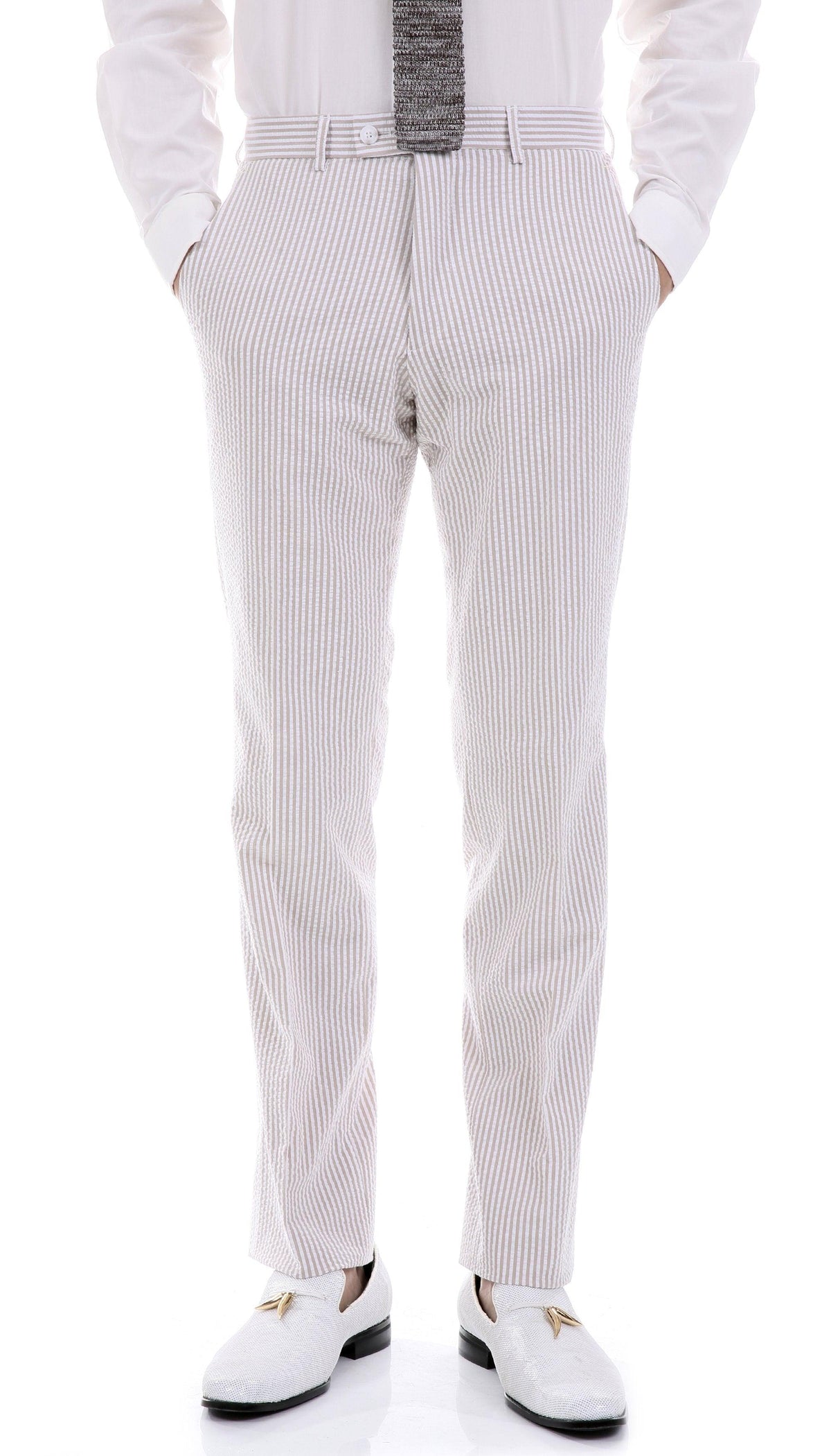 Men's Slim Fit Two Button Tan Seersucker Suit