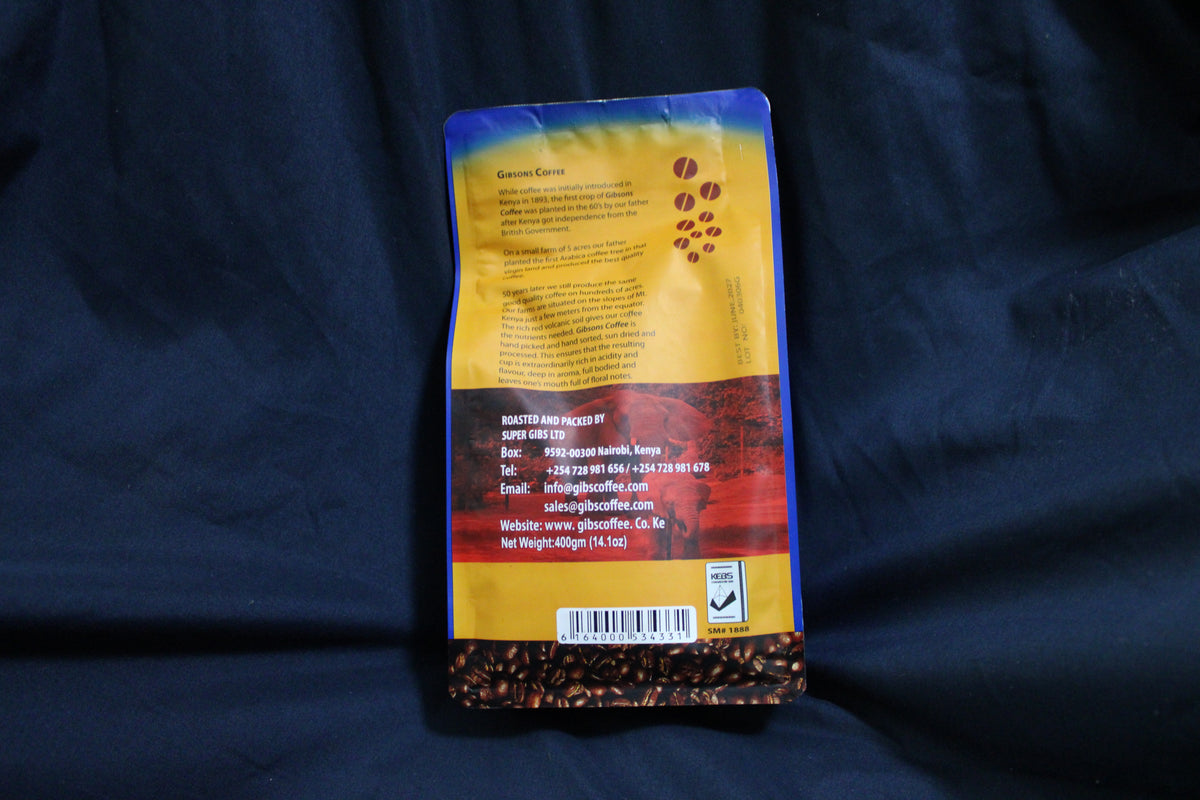 Premium Kenyan coffee from Gibsons in a 400g dark roast medium grind format, offering convenient ground coffee for home and office coffee preparation.