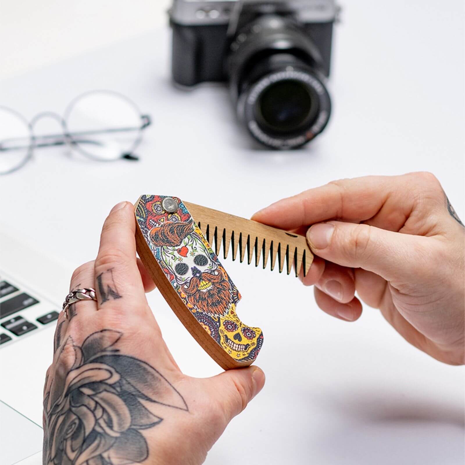 Wooden Beard Comb - Skull Dark