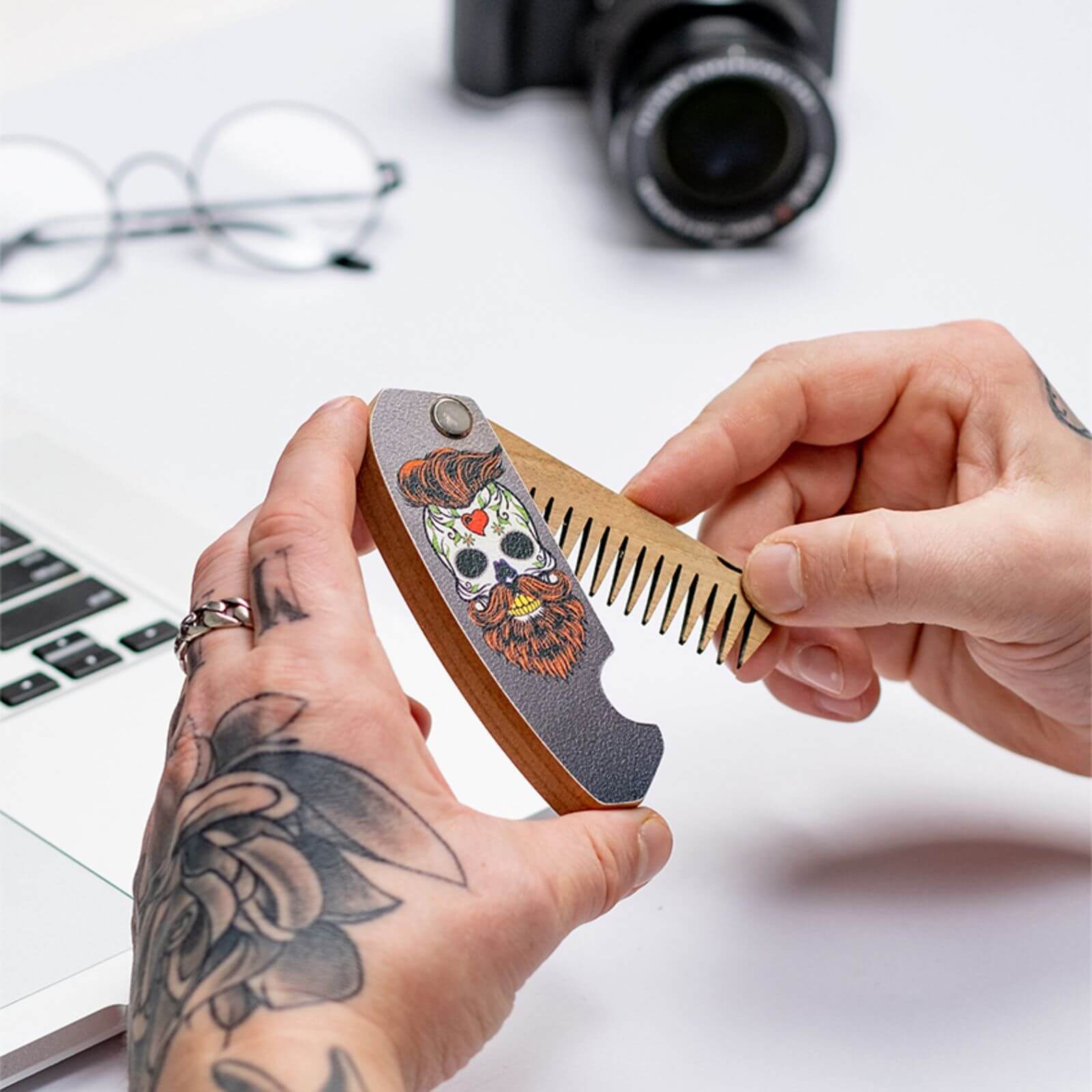 Wooden Beard Comb - Skull Dark