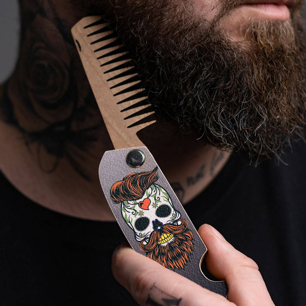 Wooden Beard Comb - Skull Dark