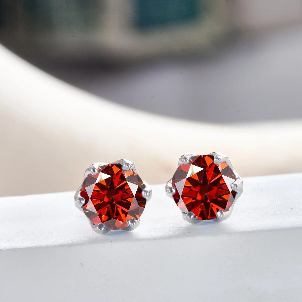 Colored Crown-Basket Moissanite Stud Earrings in Sterling Silver