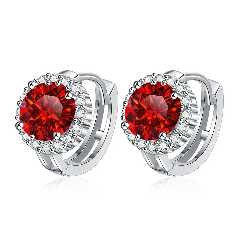 Colored Round Halo Moissanite Hoop Earrings in Silver