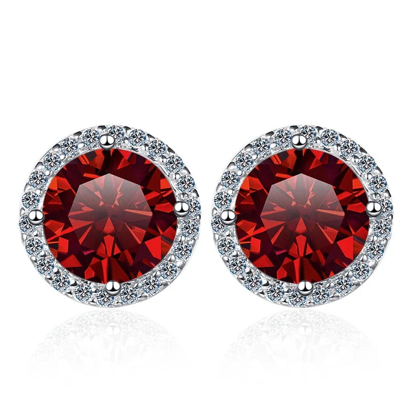 Colored Round Halo Moissanite Stud Earrings in Silver