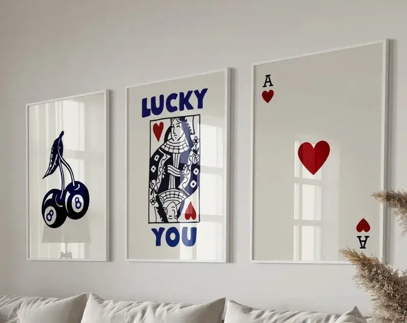 Retro blue and cream playing card wall art set living room decor