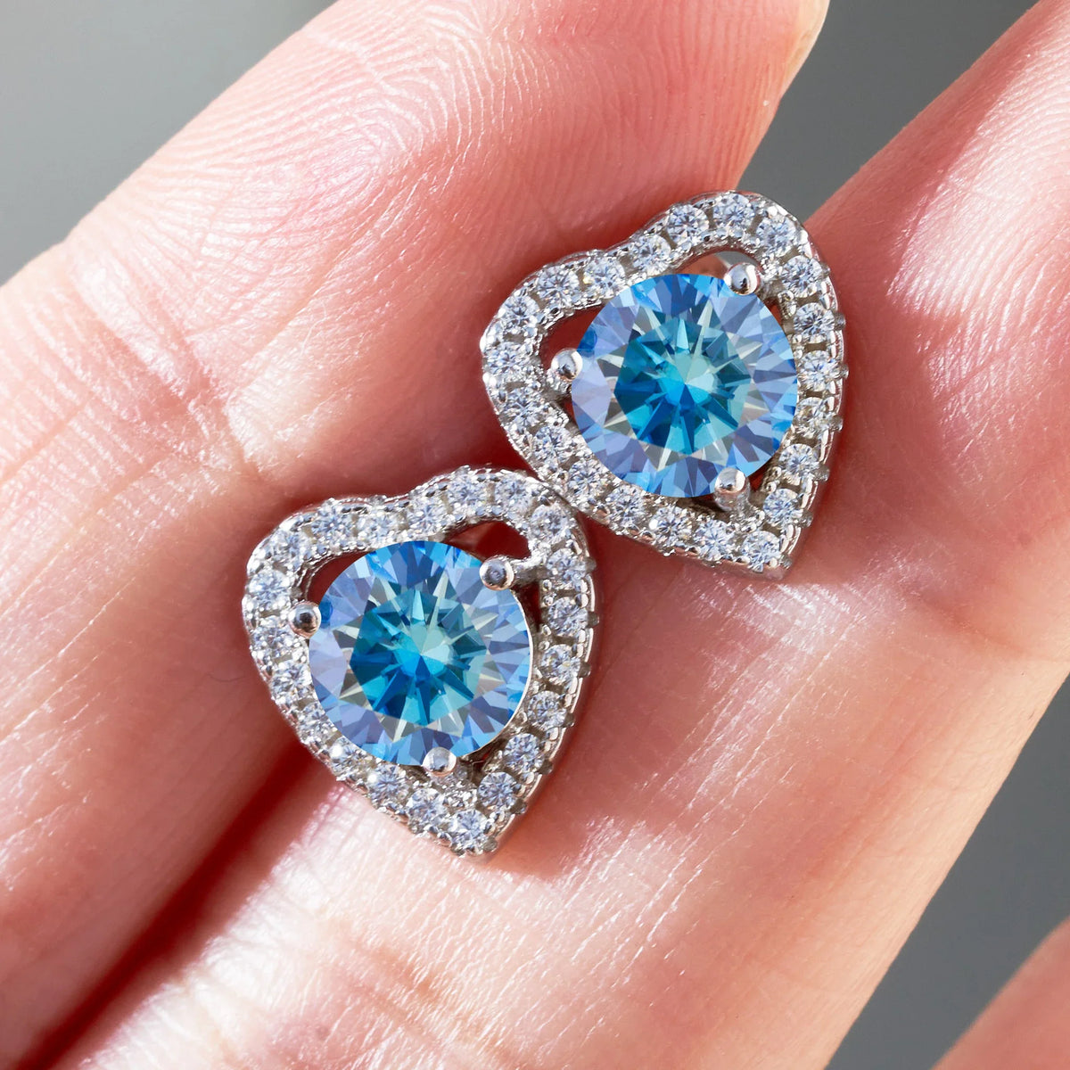 Blue Moissanite Halo Stud Earrings in Sterling Silver