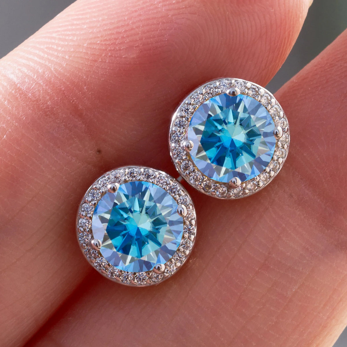 Blue Moissanite Halo Stud Earrings in Sterling Silver