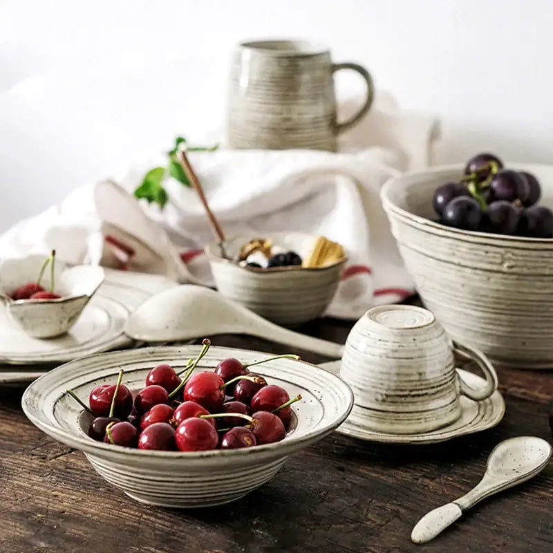 Rustic grayish white ceramic dish bowl set dining room dinnerware