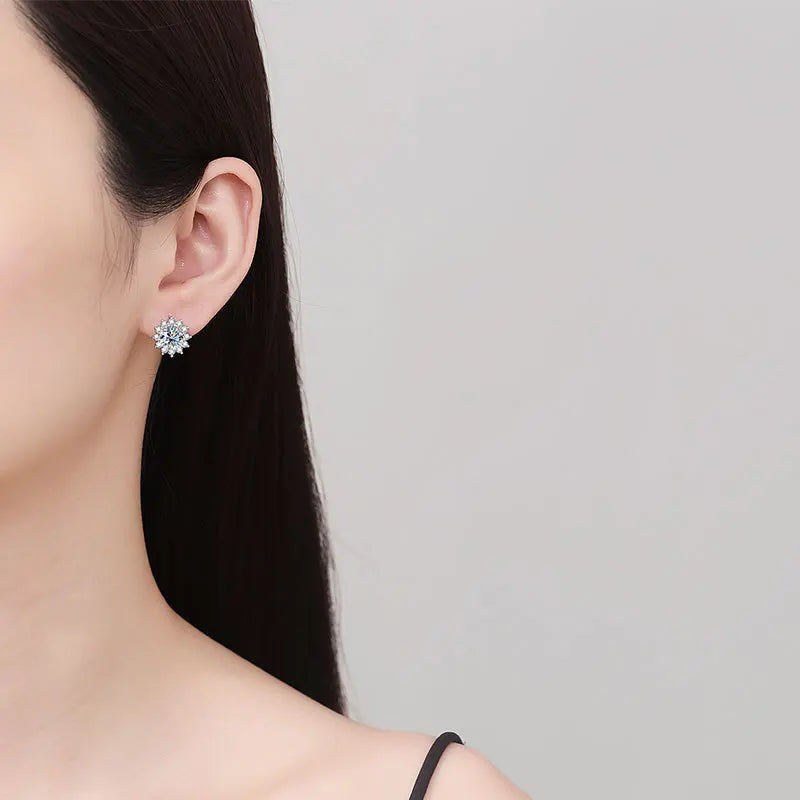 Sunflower Halo Moissanite Hoop Earrings in Sterling Silver