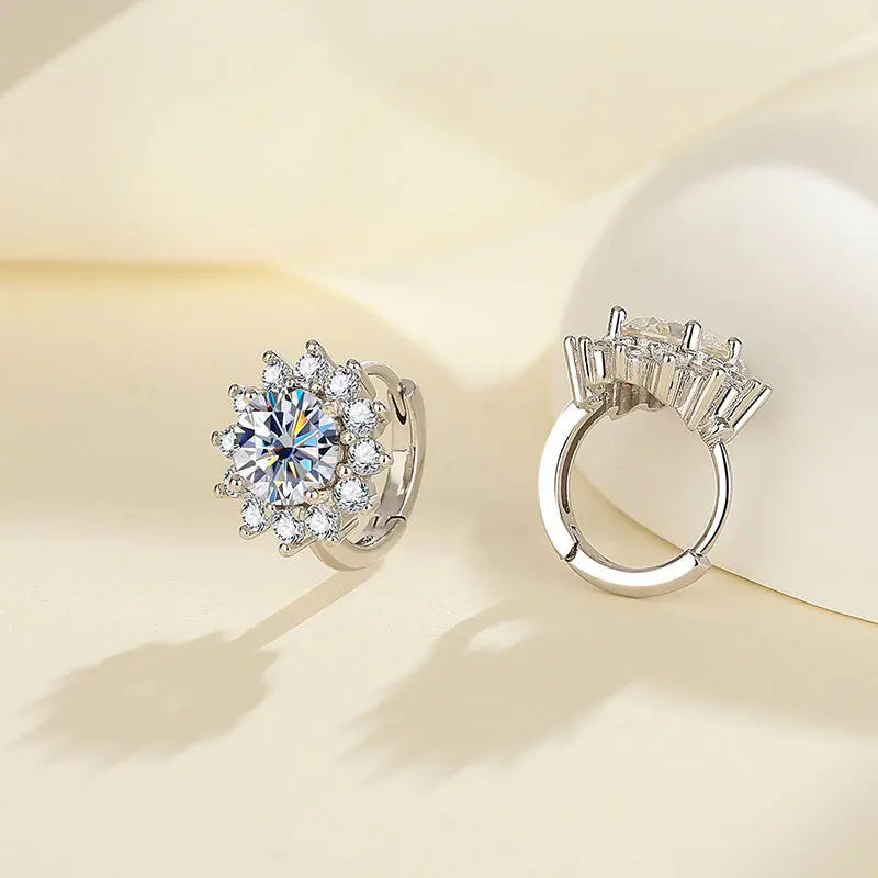 Sunflower Halo Moissanite Hoop Earrings in Sterling Silver