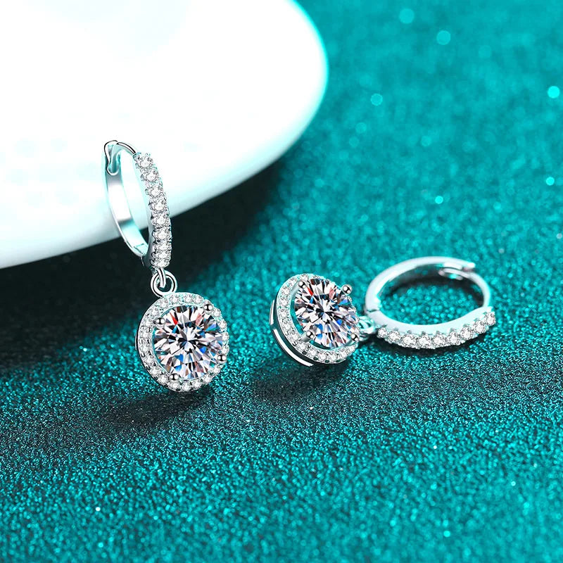 Colored Halo Moissanite Hoop Drop Earrings, 1 ct Each
