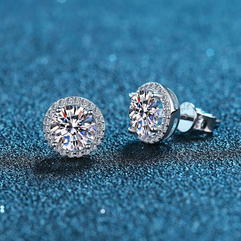 Bridal Round Halo Moissanite Stud Earrings in Sterling Silver