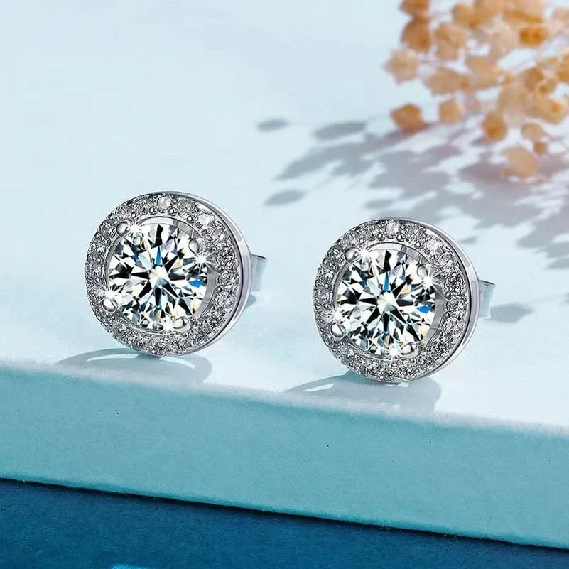 Bridal Round Halo Moissanite Stud Earrings in Sterling Silver