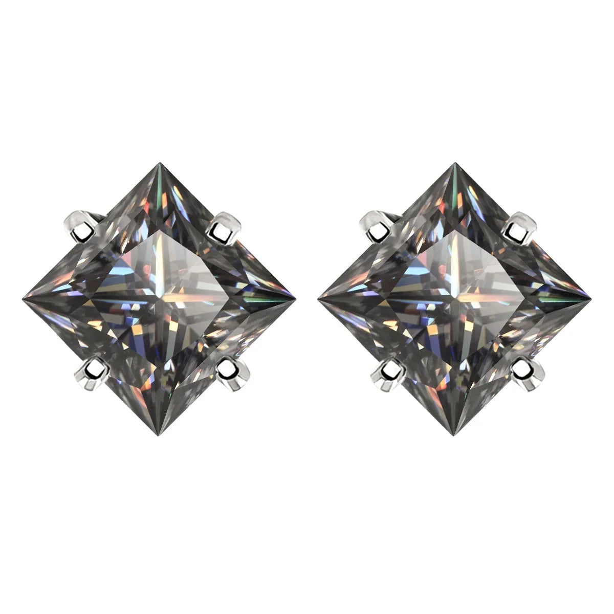 Gray Princess-Cut Moissanite Stud Earrings in Sterling Silver