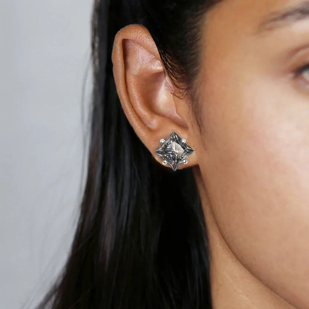 Gray Princess-Cut Moissanite Stud Earrings in Sterling Silver
