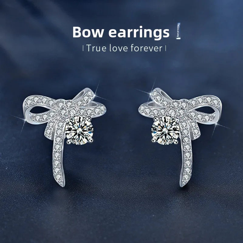 Moissanite Bow Stud and Drop Earrings in Sterling Silver