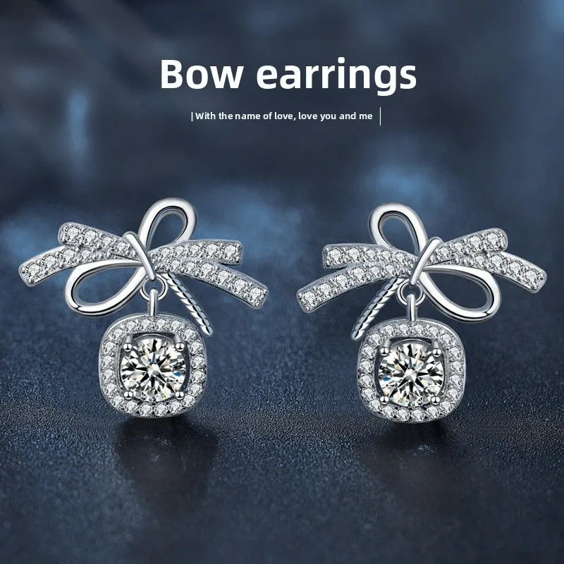 Moissanite Bow Stud and Drop Earrings in Sterling Silver