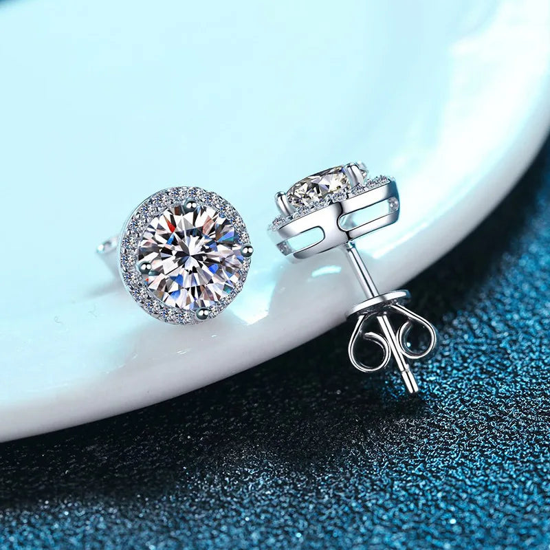 Bridal Round Halo Moissanite Stud Earrings in Sterling Silver
