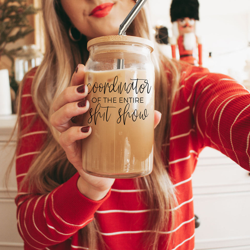 Shit Show Coordinator 17oz Glass Tumbler With Bamboo Lid, 2 Stainless Straws