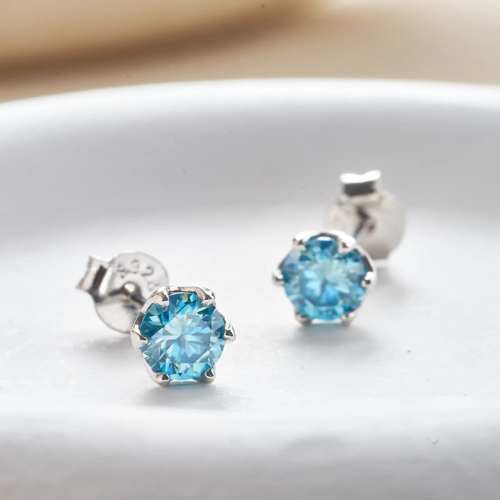 Sea Blue Moissanite Stud Earrings in Sterling Silver