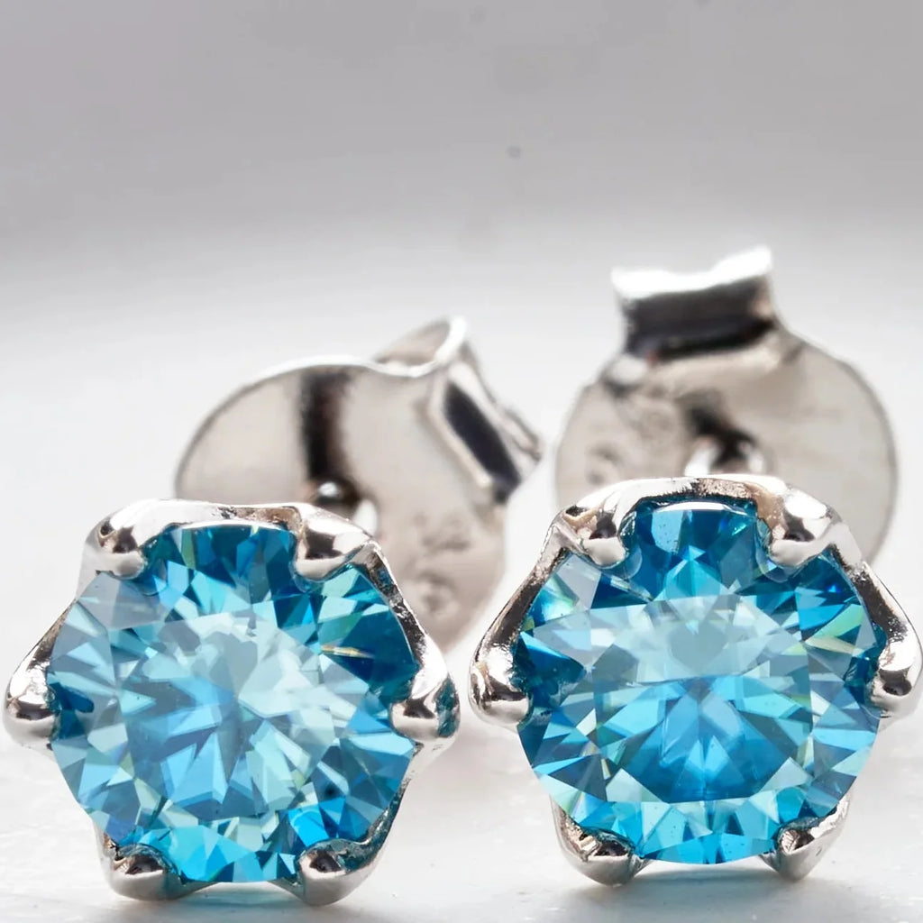 Sea Blue Moissanite Stud Earrings in Sterling Silver