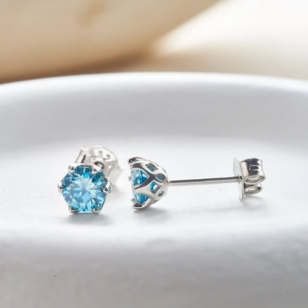 Sea Blue Moissanite Stud Earrings in Sterling Silver