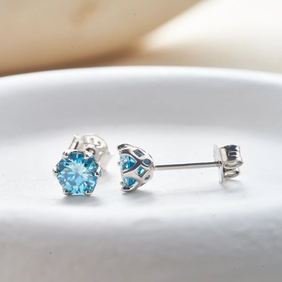 Sea Blue Moissanite Stud Earrings in Sterling Silver