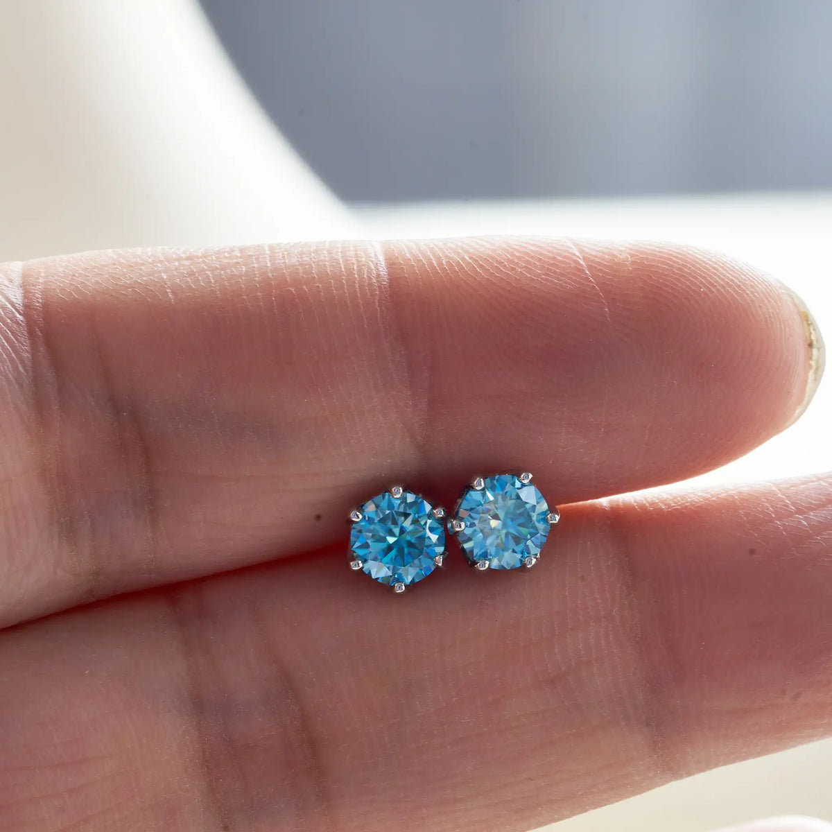 Sea Blue Moissanite Stud Earrings in Sterling Silver