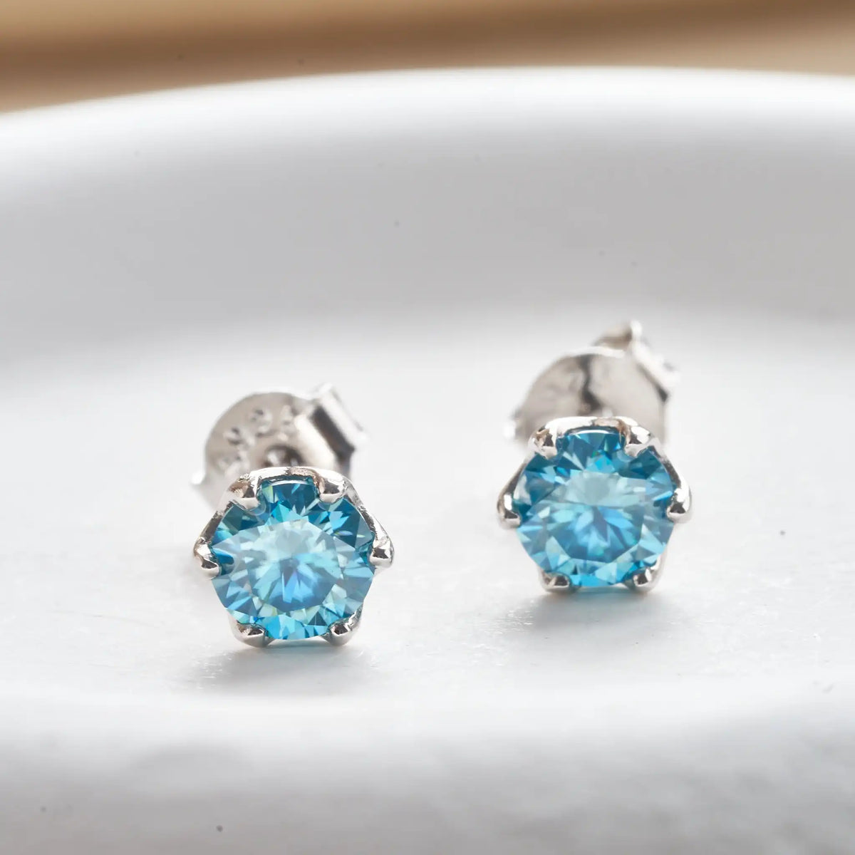 Sea Blue Moissanite Stud Earrings in Sterling Silver