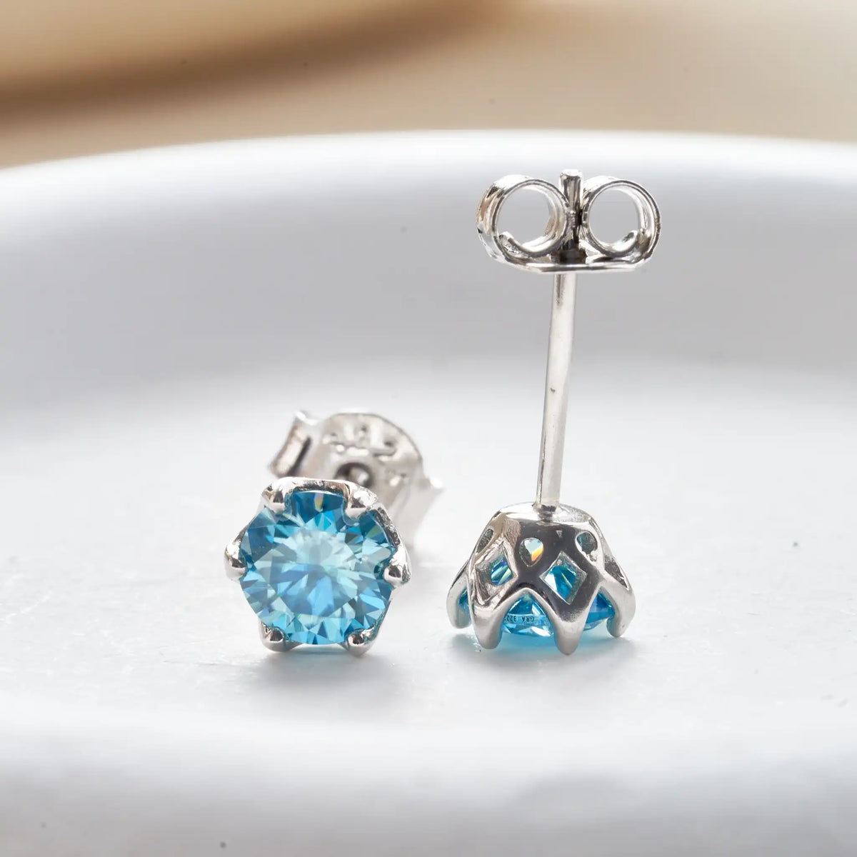 Sea Blue Moissanite Stud Earrings in Sterling Silver