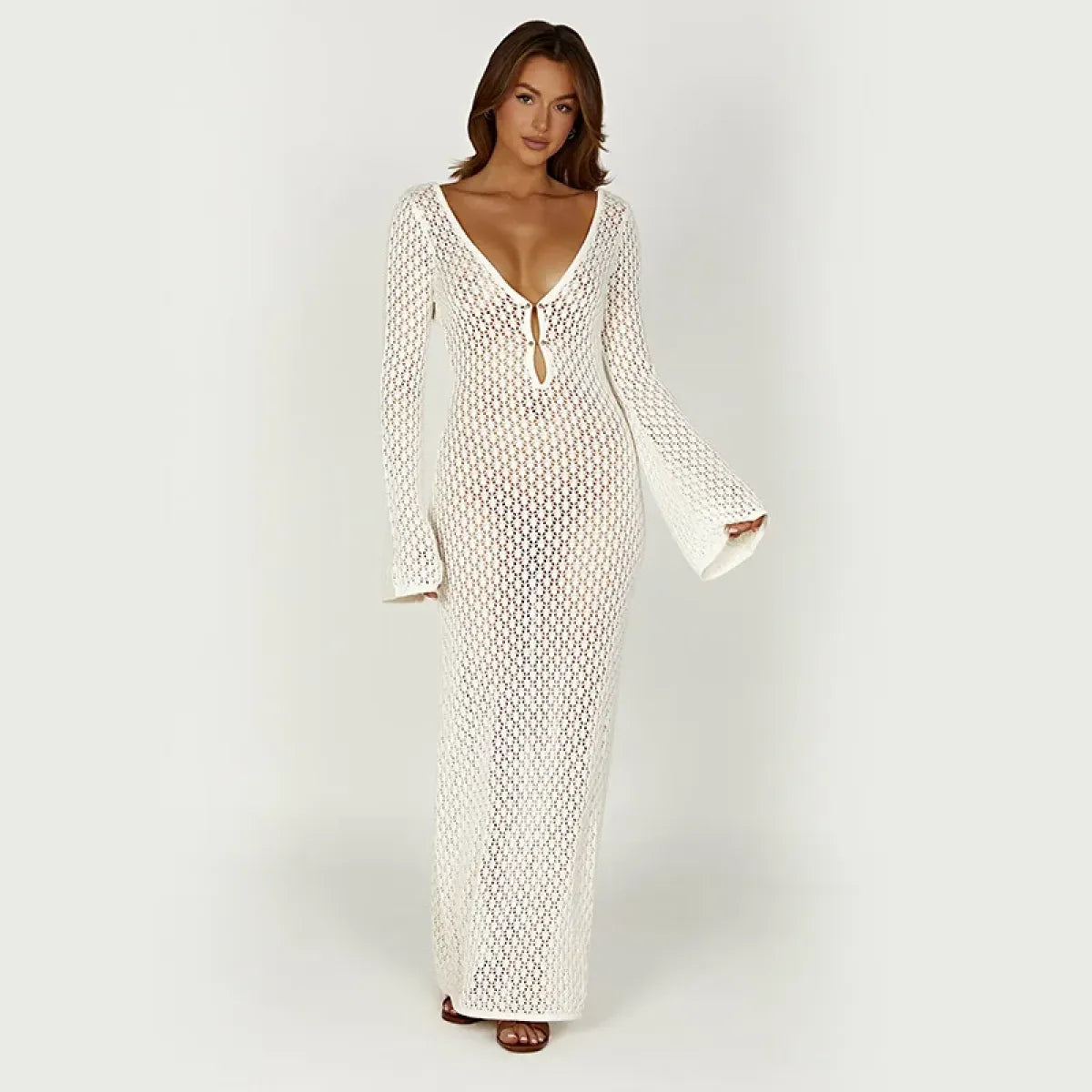 Buy Sexy Women Long Knit Beach Dress Hollow-Out Deep V-Neck Long Sleeve Bikini Cover-Ups Dress Fall Backless Holiday Dress