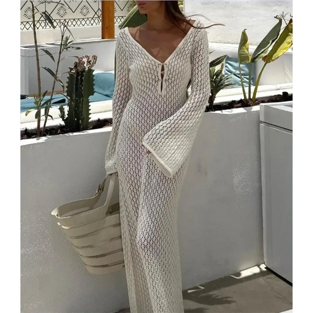 Buy Sexy Women Long Knit Beach Dress Hollow-Out Deep V-Neck Long Sleeve Bikini Cover-Ups Dress Fall Backless Holiday Dress