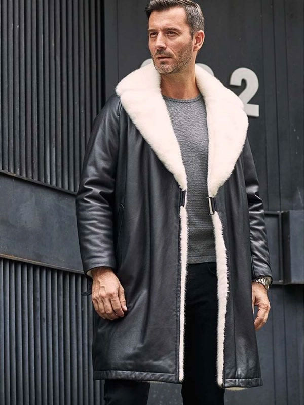 Men’s Winter Shearling Fur Black Leather Long Trench Coat